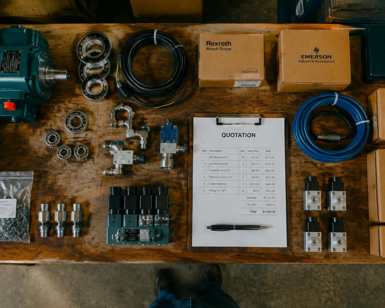 Machine parts and a quotation on a workbench